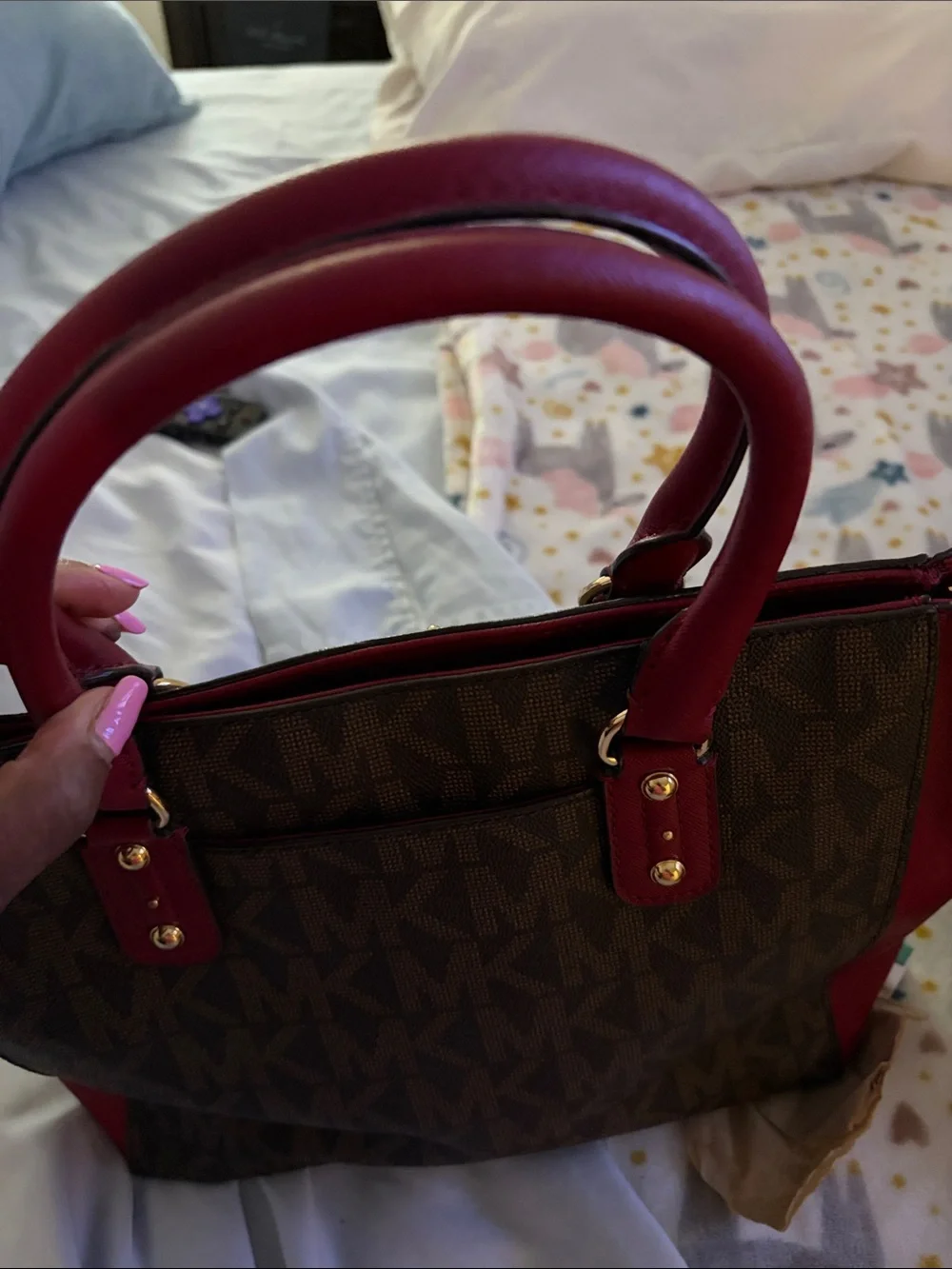 Michael Kors Brown Signature Tote with Red Leather Trim